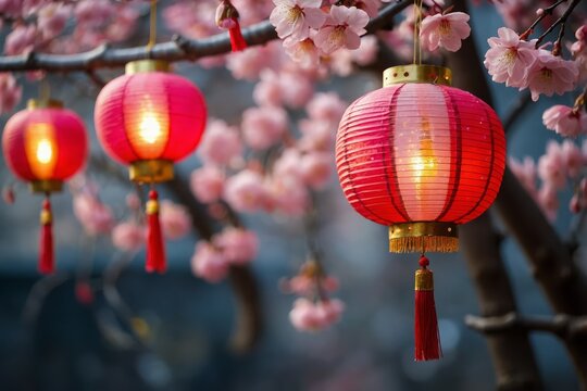 Chinese new year celebration in Asia. Pink, red and golden lantern on Japanese sakura tree for Lunar new year party