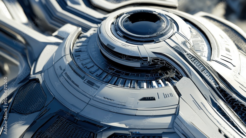 Poster futuristic metallic structure with intricate details and smooth curves, showcasing high-tech design 