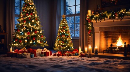 Fototapeta premium Cozy Christmas Living Room with Fireplace, Decorated Trees, Stockings, and Warm Holiday Ambiance V4