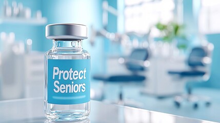 Senior vaccine concept.A clear vial labeled "Protect Seniors" sits in a bright dental office, symbolizing health awareness and care for the elderly.