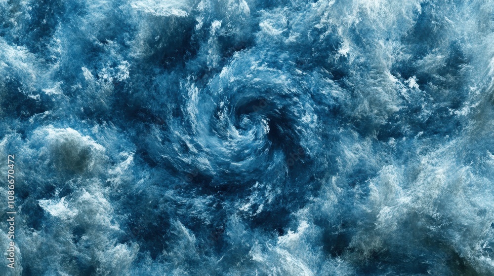 Poster a swirling pattern of blue waves and clouds creates a dynamic oceanic scene, evoking a sense of move