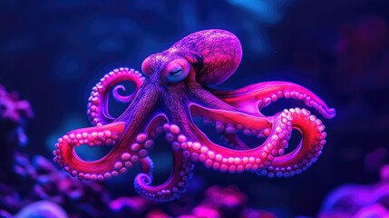 Obraz premium A vibrant octopus gracefully glides through clear waters, its colorful tentacles swirling above a bright coral reef bathed in soft, enchanting light.