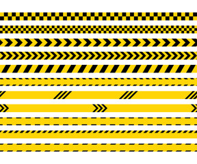 Police road sign. Warning barrier tapes for danger places. Do not cross yellow black tape. Set of caution crime scene bands. Seamless striped boundary lines. Vector illustration.