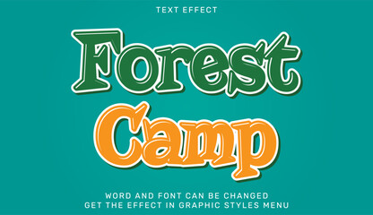Forest camp text effect template in 3d design. Text emblem for advertising, branding, business logo