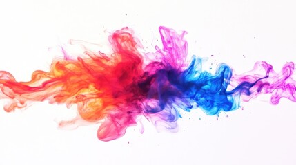 Fototapeta premium Colorful abstract smoke wave blending shades of red, orange, blue, and pink against a pristine white background, creating a vibrant artistic effect.