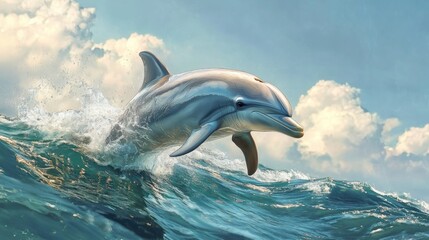 Bottle-Nosed Dolphin Leaping Gracefully from Ocean Waves Under a Vibrant Blue Sky with Fluffy White Clouds, Showcasing the Energy and Elegance of Marine Life, Ocean, Wildlife, Nature