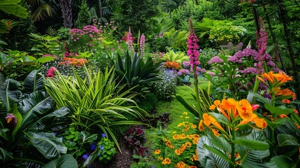 Lush garden with vibrant blooming flowers and diverse plant species