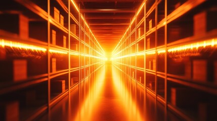 Illuminated aisles of shelving units filled with boxes in a modern storage facility, featuring warm orange lights and a sense of depth towards the horizon.