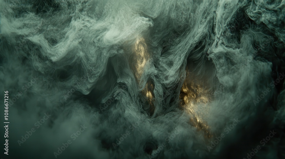 Poster a mystical, swirling cloudscape with hints of orange light, creating an atmospheric and ethereal sce