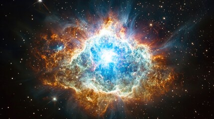 Obraz premium Stunning cosmic nebula bursting with vibrant colors amidst a backdrop of stars, showcasing the beauty of a supernova in a celestial galaxy.