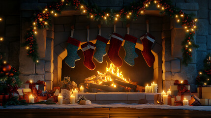 A cheerful banner featuring Christmas stockings hanging from a fireplace, with twinkling lights above.