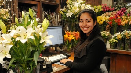 A smiling woman at a flower shop, working on a computer surrounded by vibrant flowers.