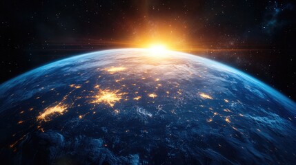 Obraz premium Earth's surface illuminated by city lights during nighttime, against a backdrop of deep space, with a rising sun reflecting on the horizon.