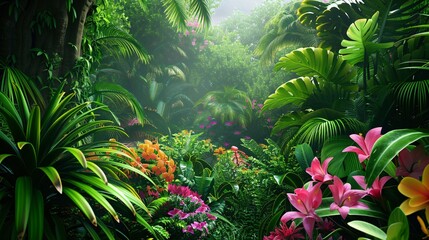 Tropical rainforest scene with exotic plants and colorful flowers