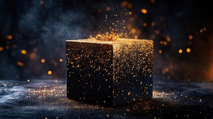 Vibrant decorative gift box with shimmering gold confetti against a dark backdrop, creating an enchanting and visually striking design.
