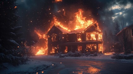 Residential house fully engulfed in flames at night, showcasing intense fire and smoke amidst a snowy landscape, emphasizing safety and insurance importance.