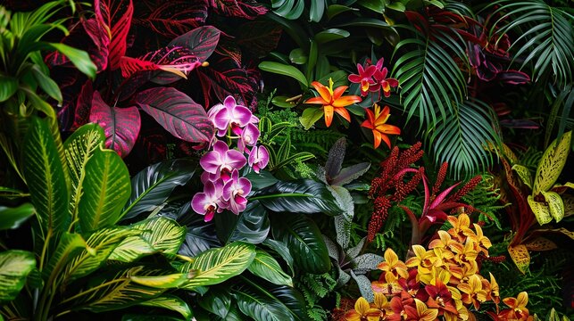 Fototapeta Tropical rainforest scene with exotic plants and colorful flowers