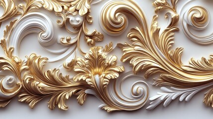 Intricately designed golden baroque ornamentation with elaborate curves and patterns on a pristine white background, exuding sophistication and luxury.