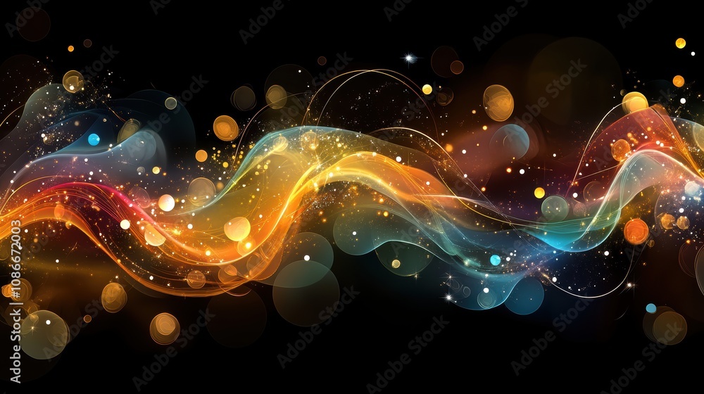 Poster a vibrant, abstract wave of colors with sparkling lights on a dark background, creating a dynamic an