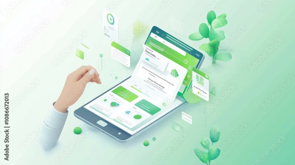 Poster A digital interface showcasing an app with green-themed design elements and plant graphics.