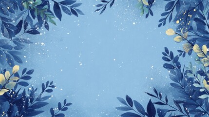 Cool toned holiday greeting card design with leafy borders and a customizable center area, featuring a serene blue backdrop and subtle speckled accents.