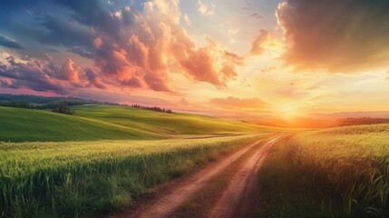 Fototapeta premium Breathtaking summer countryside scene showcasing a lush green field, winding dirt road, and vibrant sunset with dramatic clouds in the sky.