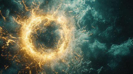 A glowing golden ring amidst swirling blue-green clouds, creating a captivating visual effect of light and energy.