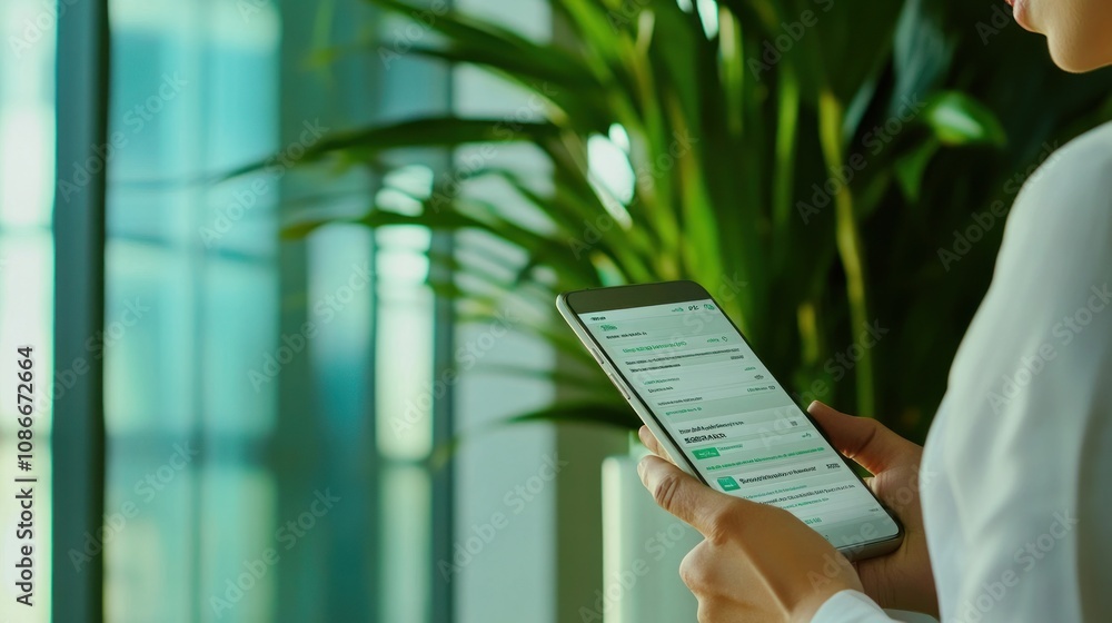 Poster a person using a tablet device in a bright, plant-filled environment.