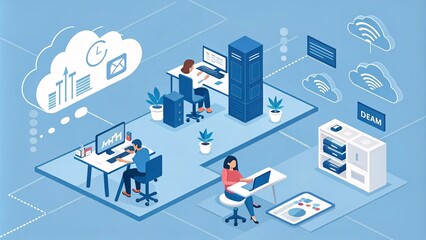 Obraz premium Futuristic Isometric Digital Workspace, Cloud Computing, Data Analytics and Smart Connectivity V6