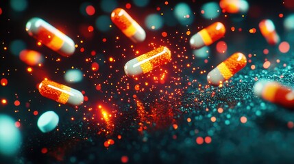 Brightly colored prescription capsules floating above a dark, sparkly surface, creating a dynamic and vivid visual with glowing particle effects.
