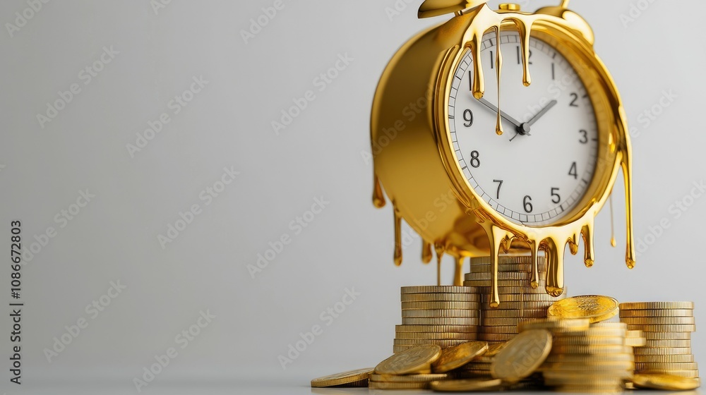 Poster golden clock with melting design surrounded by stacked coins symbolizes the value of time and money 
