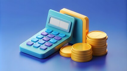  3D calculator, coin, and credit card in cartoon style, financial management concept illustration.  
