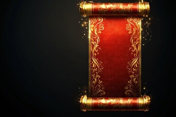 Elegant red scroll with golden floral patterns and glowing accents, perfect for festive announcements or celebrations in a dark setting