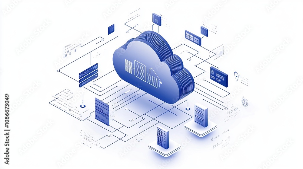Poster isometric cloud storage with interconnected documents and servers isolated on white background
