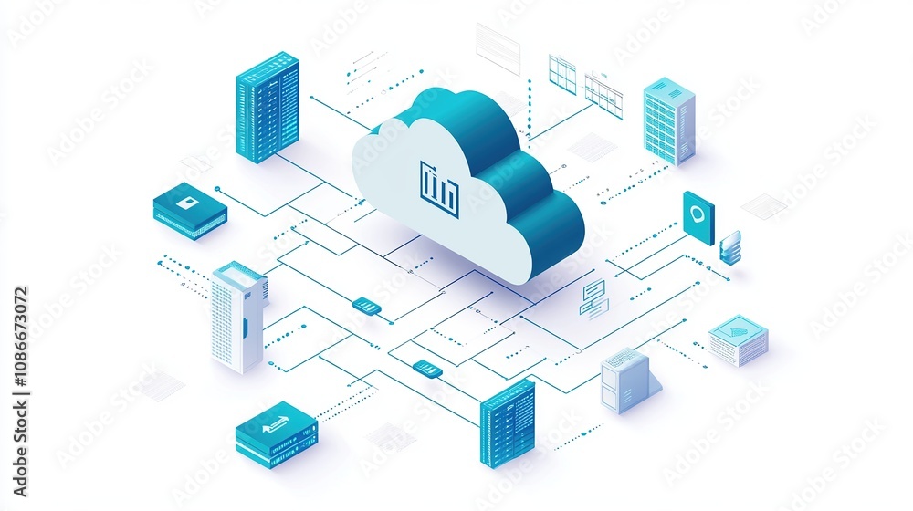 Poster isometric cloud storage with interconnected documents and servers isolated on white background