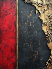 A black and red painting with a gold border