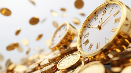 Golden Time: The Interplay of Money and Time with Shimmering Coins and Elegant Watches Symbolizing Wealth and Opportunity in a Dynamic Investment Environment
