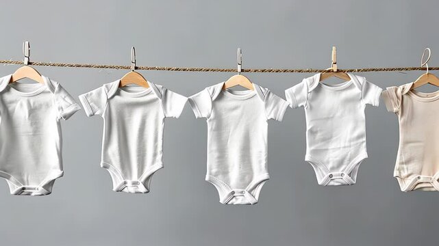 Baby clothes hanging on rope on grey background, A row of baby clothes hanging on a clothesline. The clothes are all different colors and styles
