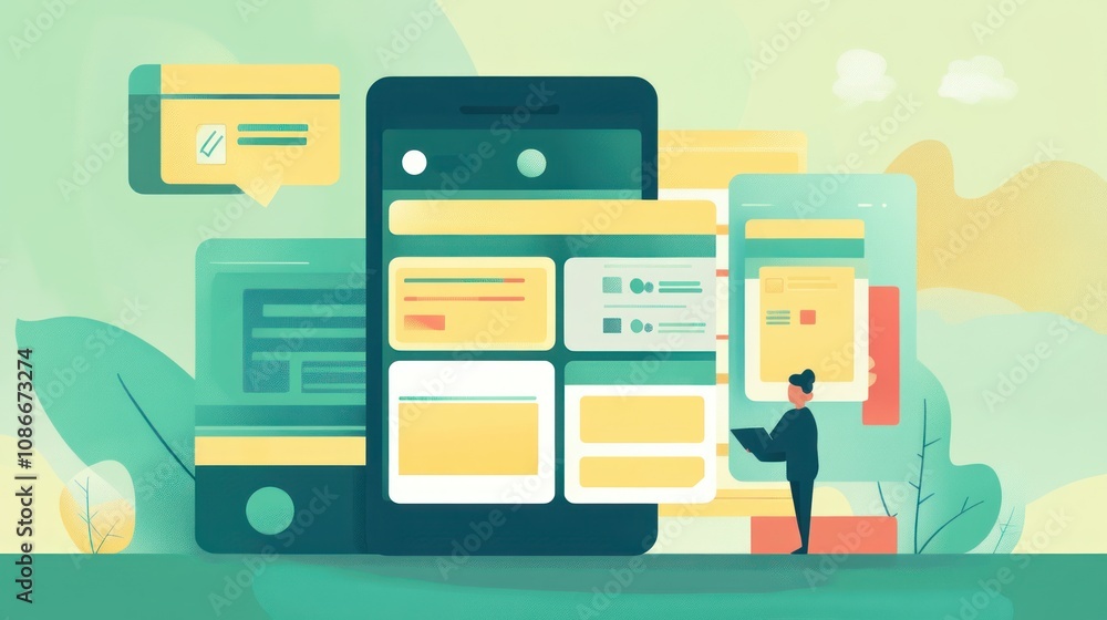 Poster A digital illustration of a person interacting with oversized mobile app interfaces.