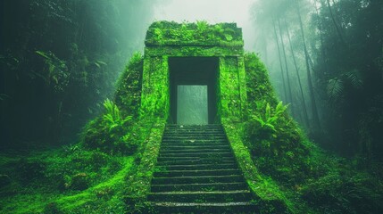 Ancient moss-covered temple entrance surrounded by dense misty forest, featuring large steps and lush green ferns.