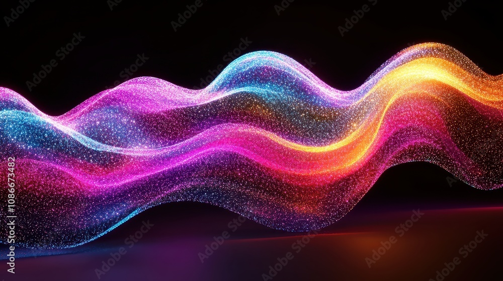 Poster a vibrant, colorful wave of light particles flows gracefully against a dark backdrop, creating a mes