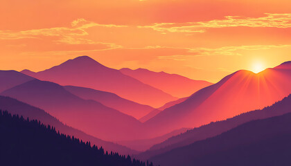Obraz premium sunset over mountains colorful sky orange and pink hues silhouette of hill 