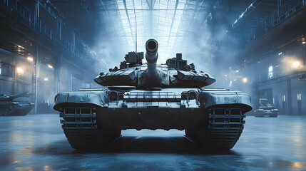 A formidable tank stands ready within the vast confines of an industrial warehouse