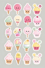 Obraz premium Adorable Kawaii Sweets Stickers: Collection of Cute Ice Cream, Cupcakes, Lollipops and Candy Designs Perfect for Planners, Laptops, and More