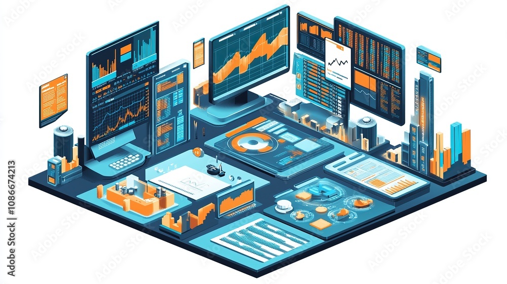 Aufkleber isometric illustration of a stock market graph chart on computer screen isolated on white background