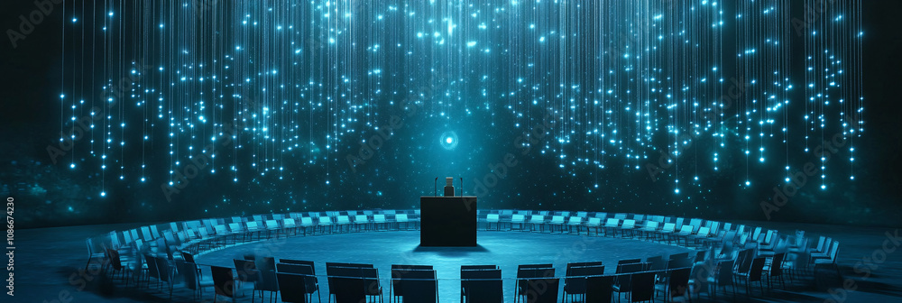 Poster floating rows of chairs in a circular formation around a speaker on a glowing stage, with data strea