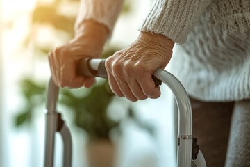 A home health aide assisting a patient with using a walker safely around the house. They provide tips and support as needed