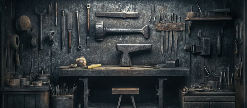 Metalworking tools like an anvil, hammer, and files, arranged in a workshop with a steel backdrop