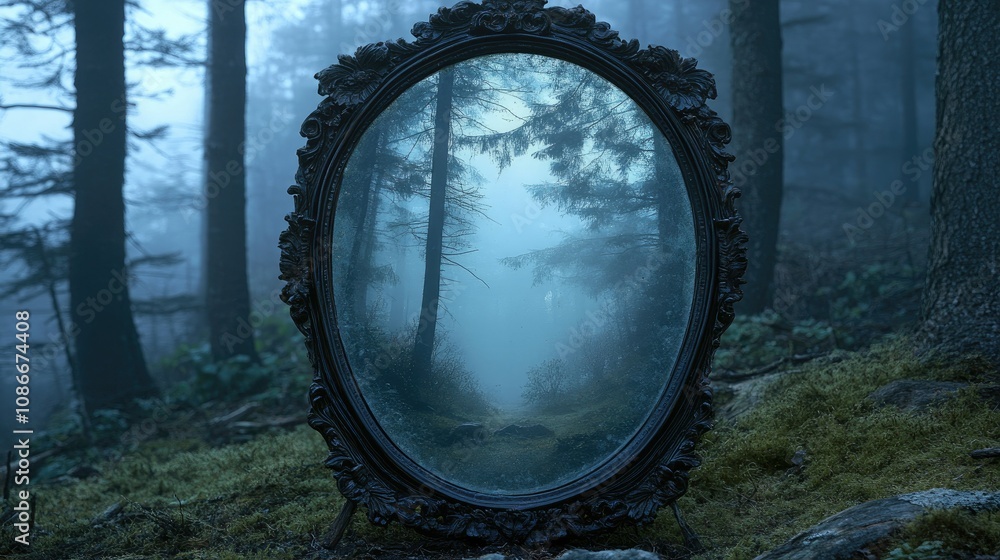 Poster enigmatic reflection in a vintage mirror surrounded by enchanting fog in a mystical forest setting, 