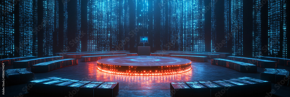 Aufkleber floating rows of chairs in a circular formation around a speaker on a glowing stage, with data strea